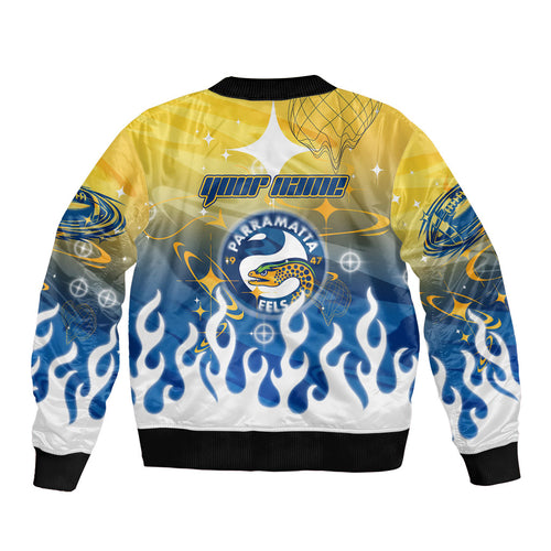 Personalized Parramatta Eels Sleeve Zip Bomber Jacket Y2K Grunge Aesthetic With Cyber Flames and Starburst Graphics