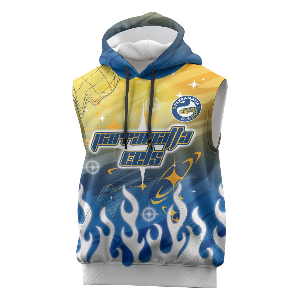 Personalized Parramatta Eels Sleeveless Hoodie Y2K Grunge Aesthetic With Cyber Flames and Starburst Graphics