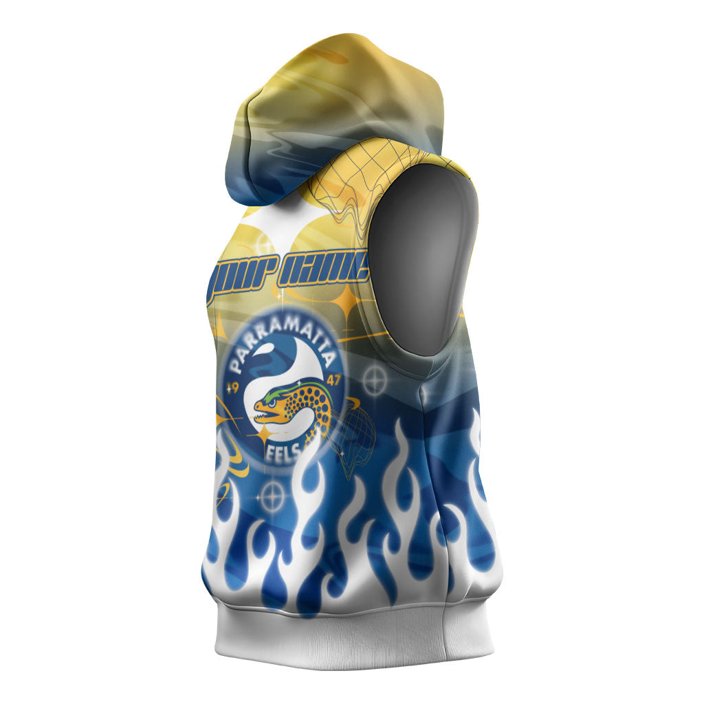 Personalized Parramatta Eels Sleeveless Hoodie Y2K Grunge Aesthetic With Cyber Flames and Starburst Graphics