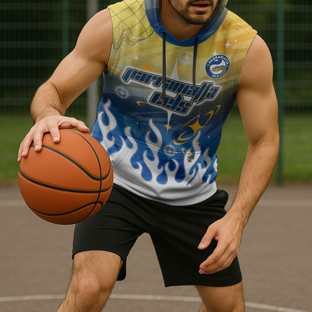 Personalized Parramatta Eels Sleeveless Hoodie Y2K Grunge Aesthetic With Cyber Flames and Starburst Graphics