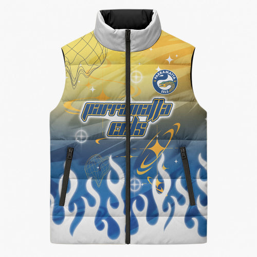 Personalized Parramatta Eels Sleeveless Puffer Jacket Y2K Grunge Aesthetic With Cyber Flames and Starburst Graphics