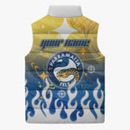 Personalized Parramatta Eels Sleeveless Puffer Jacket Y2K Grunge Aesthetic With Cyber Flames and Starburst Graphics