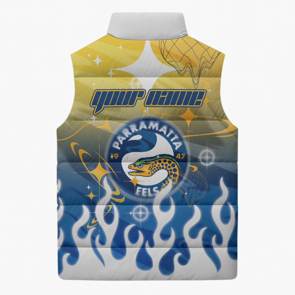 Personalized Parramatta Eels Sleeveless Puffer Jacket Y2K Grunge Aesthetic With Cyber Flames and Starburst Graphics
