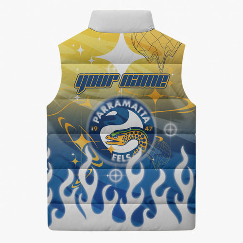 Personalized Parramatta Eels Sleeveless Puffer Jacket Y2K Grunge Aesthetic With Cyber Flames and Starburst Graphics