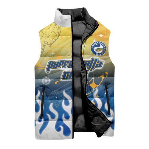 Personalized Parramatta Eels Sleeveless Puffer Jacket Y2K Grunge Aesthetic With Cyber Flames and Starburst Graphics