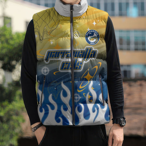 Personalized Parramatta Eels Sleeveless Puffer Jacket Y2K Grunge Aesthetic With Cyber Flames and Starburst Graphics