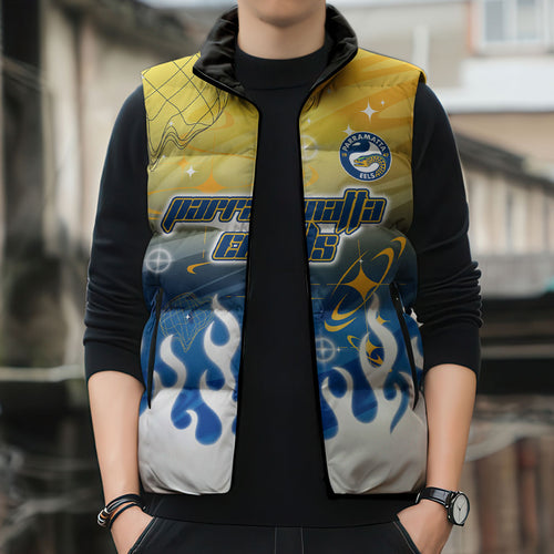 Personalized Parramatta Eels Sleeveless Puffer Jacket Y2K Grunge Aesthetic With Cyber Flames and Starburst Graphics