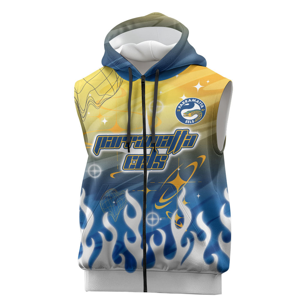 Personalized Parramatta Eels Sleeveless Zip Hoodie Y2K Grunge Aesthetic With Cyber Flames and Starburst Graphics