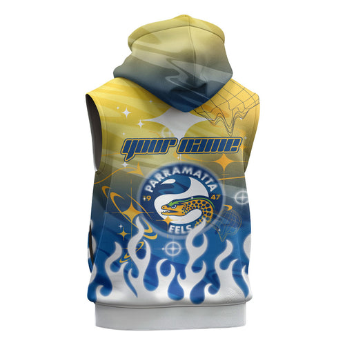 Personalized Parramatta Eels Sleeveless Zip Hoodie Y2K Grunge Aesthetic With Cyber Flames and Starburst Graphics
