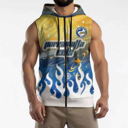 Personalized Parramatta Eels Sleeveless Zip Hoodie Y2K Grunge Aesthetic With Cyber Flames and Starburst Graphics
