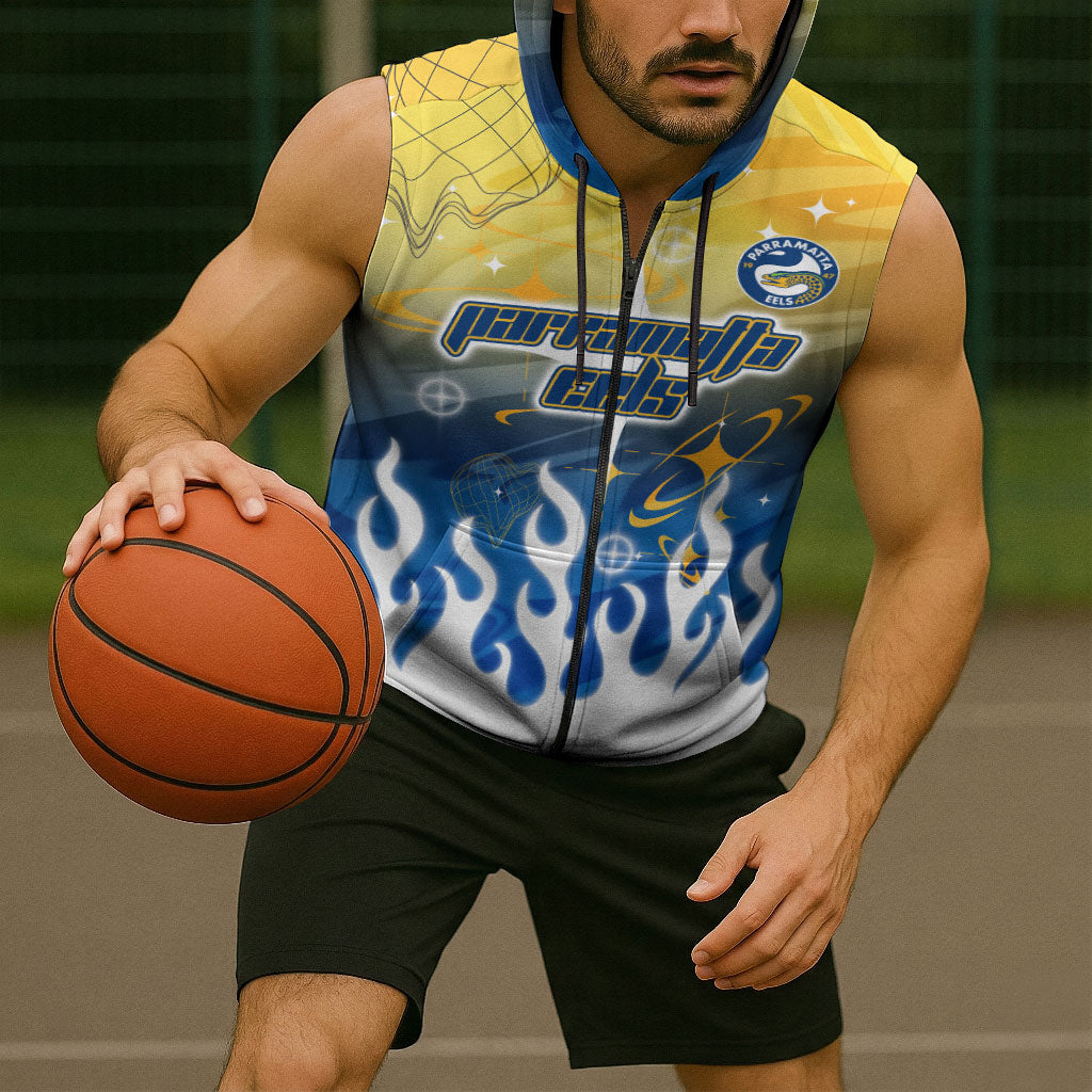 Personalized Parramatta Eels Sleeveless Zip Hoodie Y2K Grunge Aesthetic With Cyber Flames and Starburst Graphics