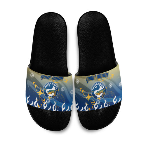 Personalized Parramatta Eels Slide Sandals Y2K Grunge Aesthetic With Cyber Flames and Starburst Graphics