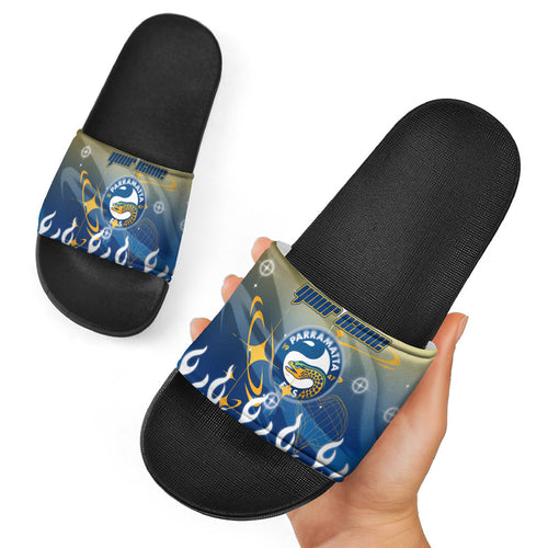 Personalized Parramatta Eels Slide Sandals Y2K Grunge Aesthetic With Cyber Flames and Starburst Graphics