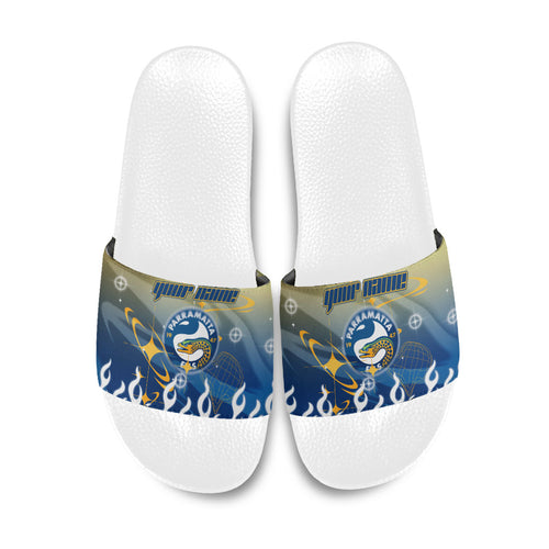 Personalized Parramatta Eels Slide Sandals Y2K Grunge Aesthetic With Cyber Flames and Starburst Graphics