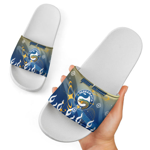 Personalized Parramatta Eels Slide Sandals Y2K Grunge Aesthetic With Cyber Flames and Starburst Graphics