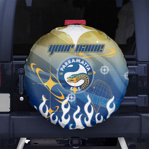 Personalized Parramatta Eels Spare Tire Cover Y2K Grunge Aesthetic With Cyber Flames and Starburst Graphics