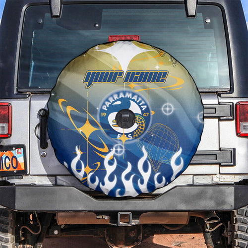 Personalized Parramatta Eels Spare Tire Cover Y2K Grunge Aesthetic With Cyber Flames and Starburst Graphics