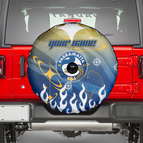 Personalized Parramatta Eels Spare Tire Cover Y2K Grunge Aesthetic With Cyber Flames and Starburst Graphics