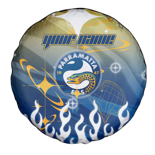 Personalized Parramatta Eels Spare Tire Cover Y2K Grunge Aesthetic With Cyber Flames and Starburst Graphics