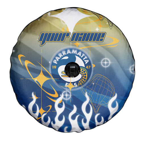 Personalized Parramatta Eels Spare Tire Cover Y2K Grunge Aesthetic With Cyber Flames and Starburst Graphics