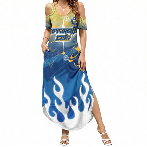 Personalized Parramatta Eels Summer Maxi Dress Y2K Grunge Aesthetic With Cyber Flames and Starburst Graphics