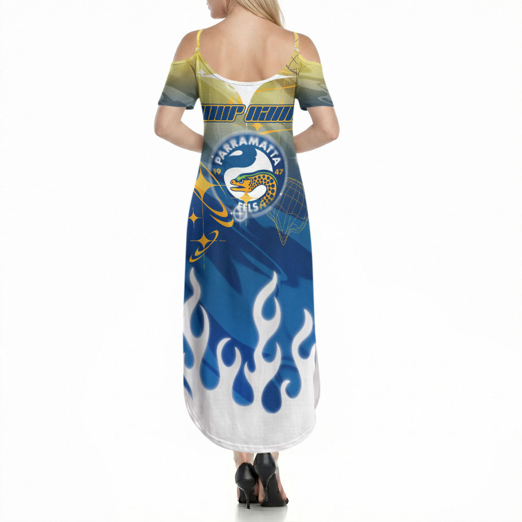 Personalized Parramatta Eels Summer Maxi Dress Y2K Grunge Aesthetic With Cyber Flames and Starburst Graphics