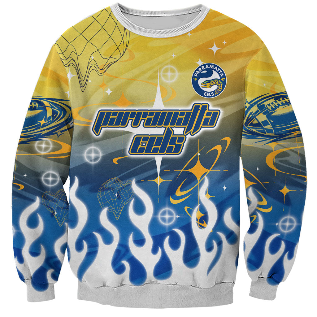 Personalized Parramatta Eels Sweatshirt Y2K Grunge Aesthetic With Cyber Flames and Starburst Graphics