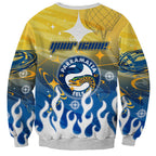 Personalized Parramatta Eels Sweatshirt Y2K Grunge Aesthetic With Cyber Flames and Starburst Graphics