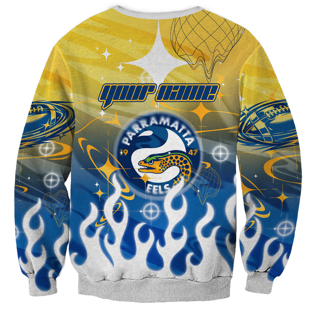 Personalized Parramatta Eels Sweatshirt Y2K Grunge Aesthetic With Cyber Flames and Starburst Graphics