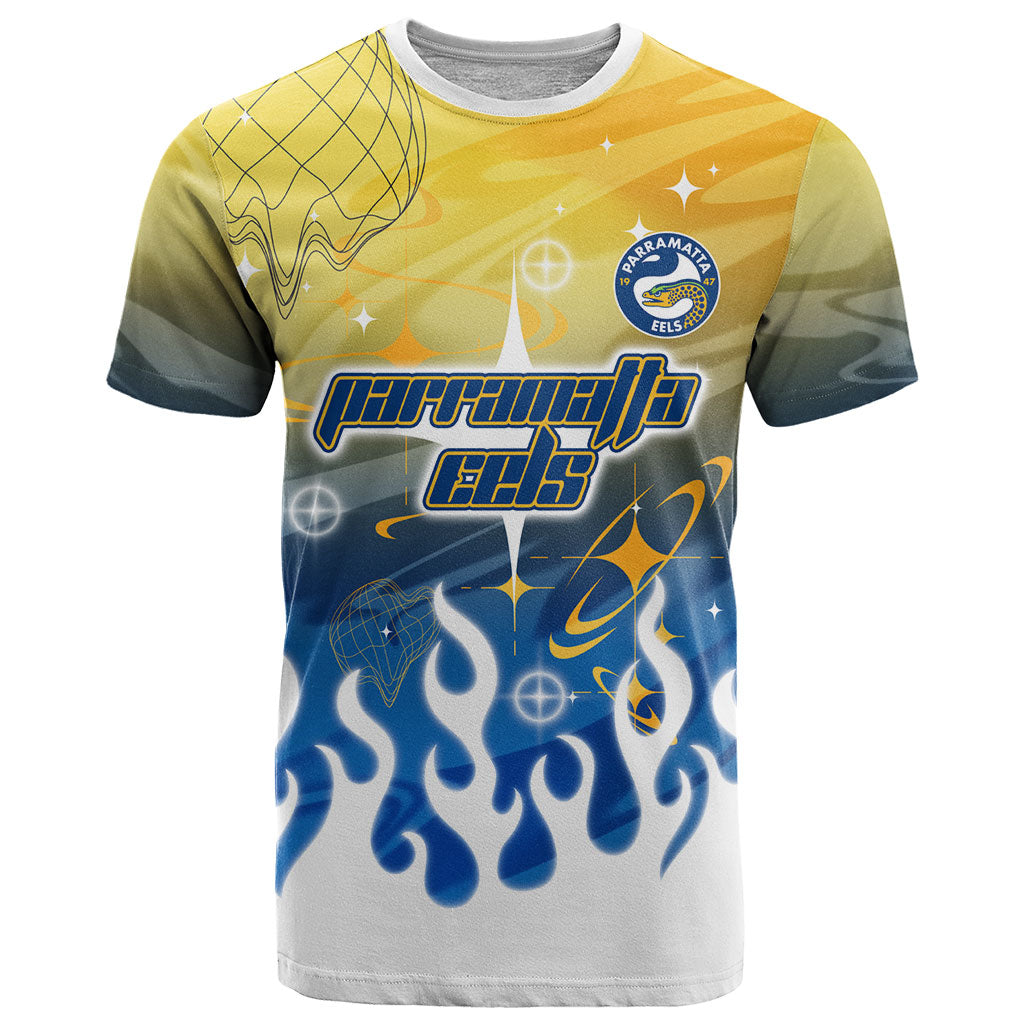 Personalized Parramatta Eels T Shirt Y2K Grunge Aesthetic With Cyber Flames and Starburst Graphics