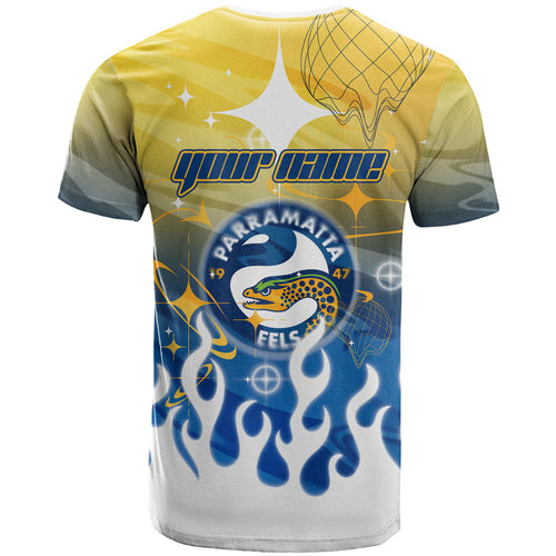 Personalized Parramatta Eels T Shirt Y2K Grunge Aesthetic With Cyber Flames and Starburst Graphics