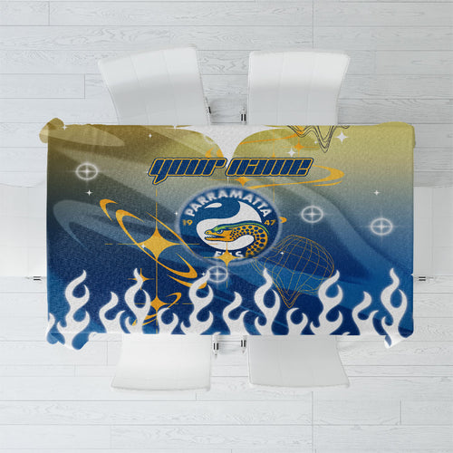 Personalized Parramatta Eels Tablecloth Y2K Grunge Aesthetic With Cyber Flames and Starburst Graphics
