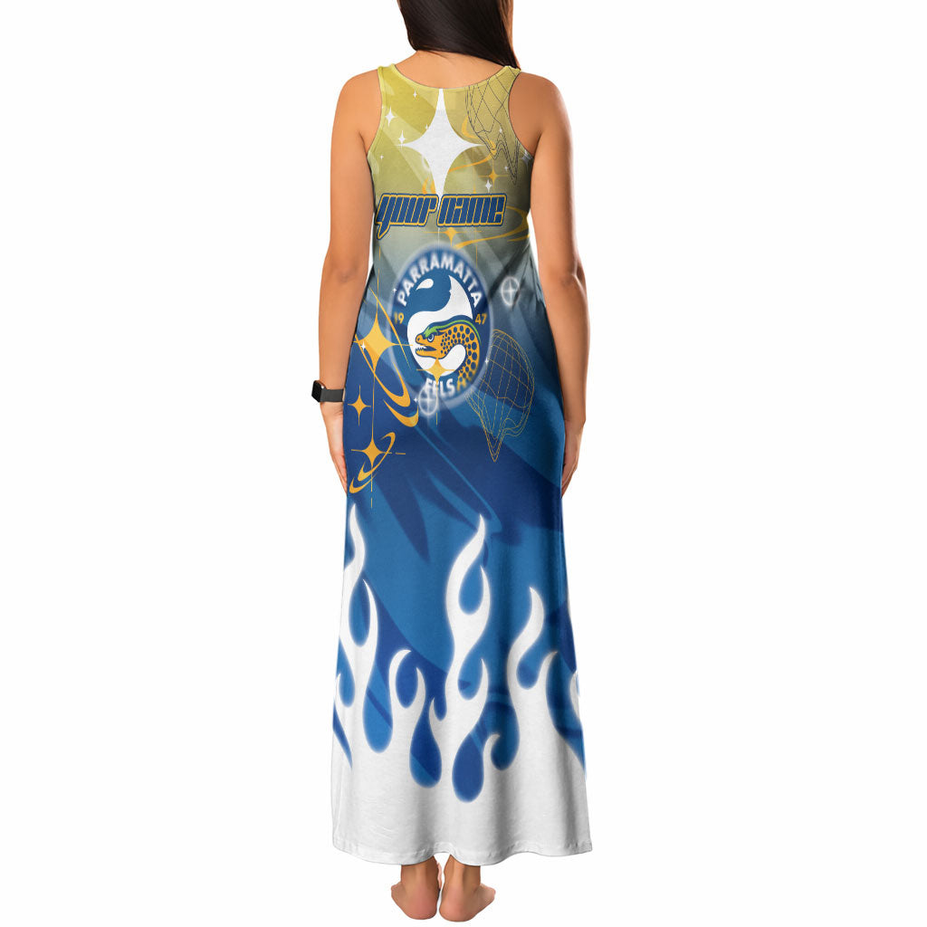 Personalized Parramatta Eels Tank Maxi Dress Y2K Grunge Aesthetic With Cyber Flames and Starburst Graphics