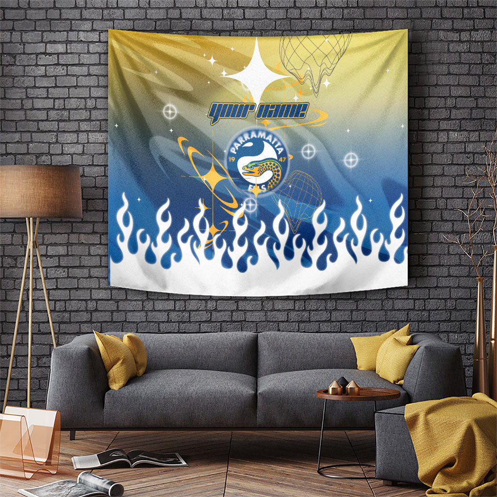 Personalized Parramatta Eels Tapestry Y2K Grunge Aesthetic With Cyber Flames and Starburst Graphics