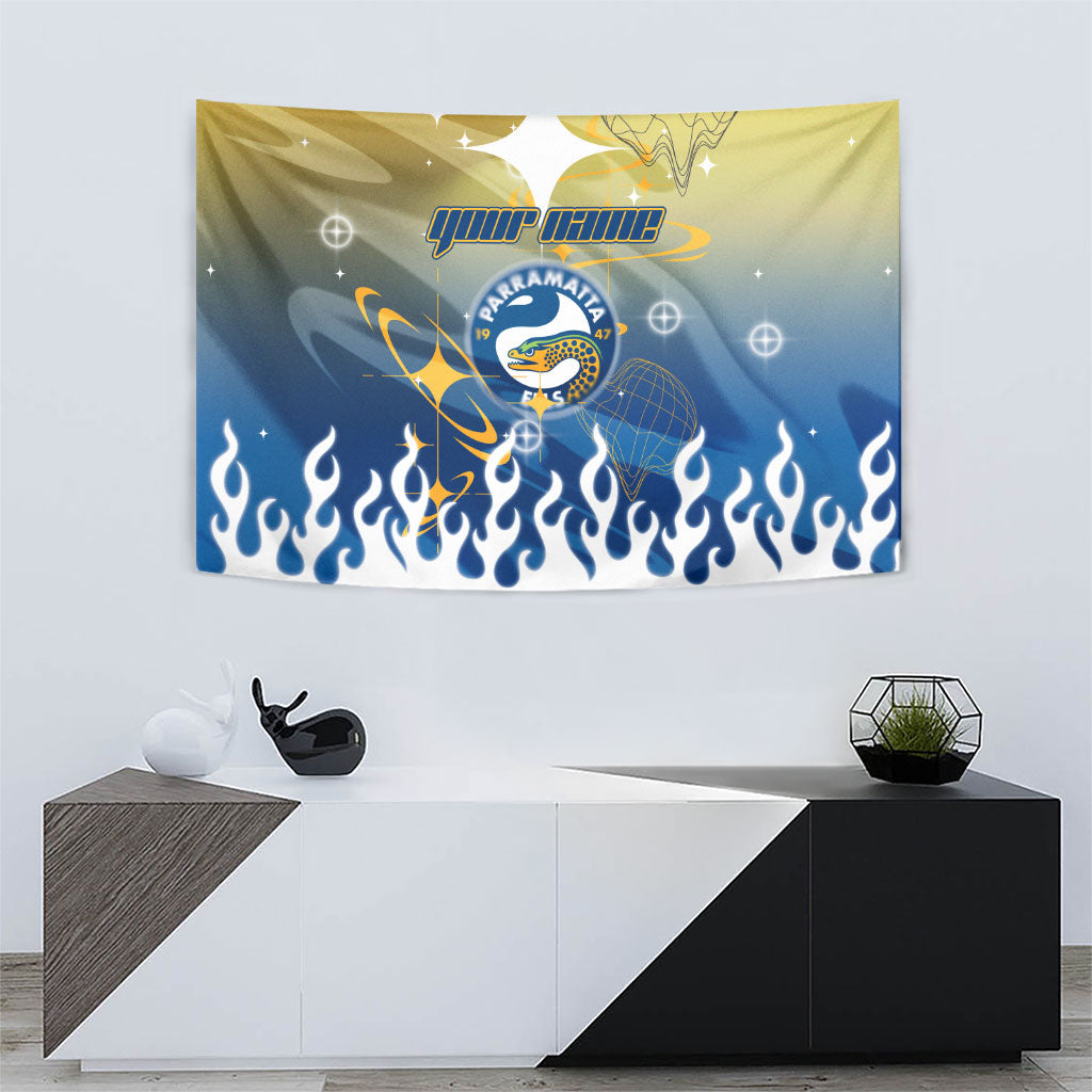 Personalized Parramatta Eels Tapestry Y2K Grunge Aesthetic With Cyber Flames and Starburst Graphics