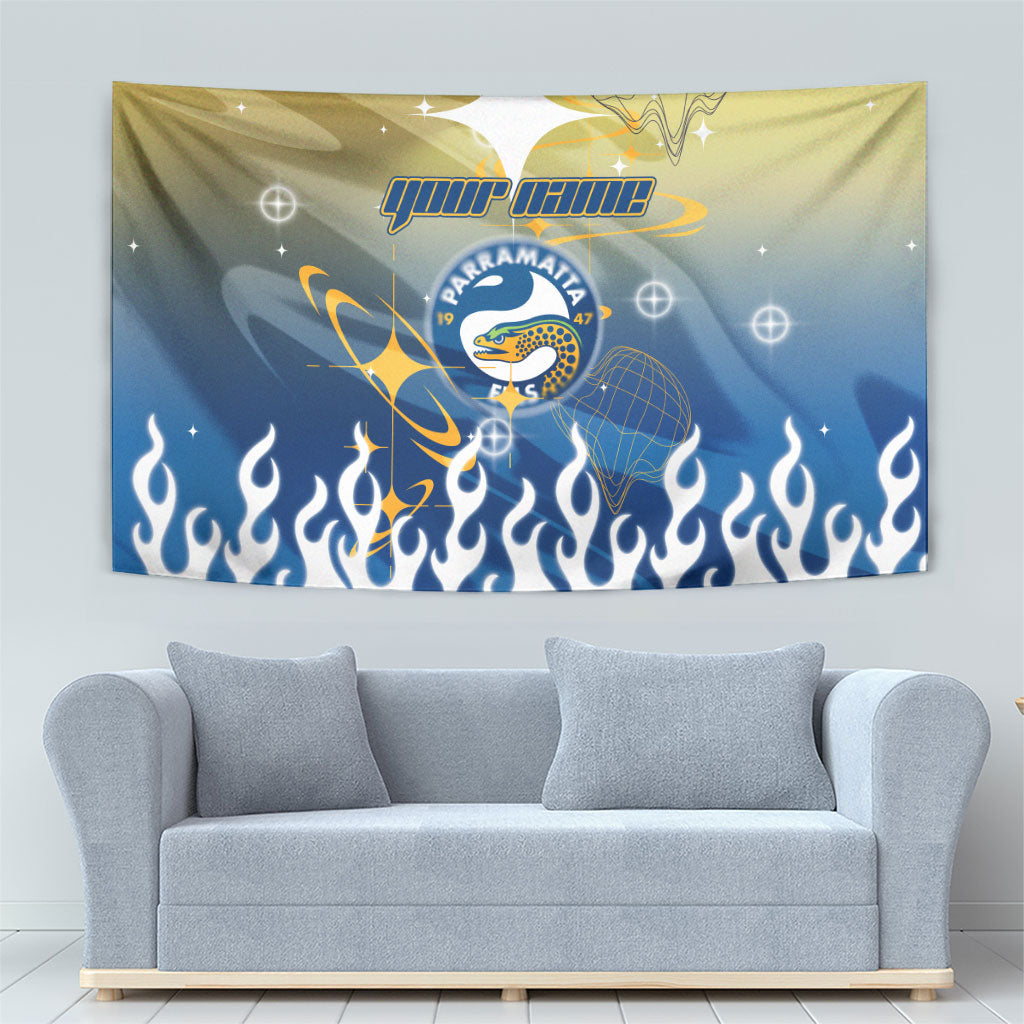 Personalized Parramatta Eels Tapestry Y2K Grunge Aesthetic With Cyber Flames and Starburst Graphics