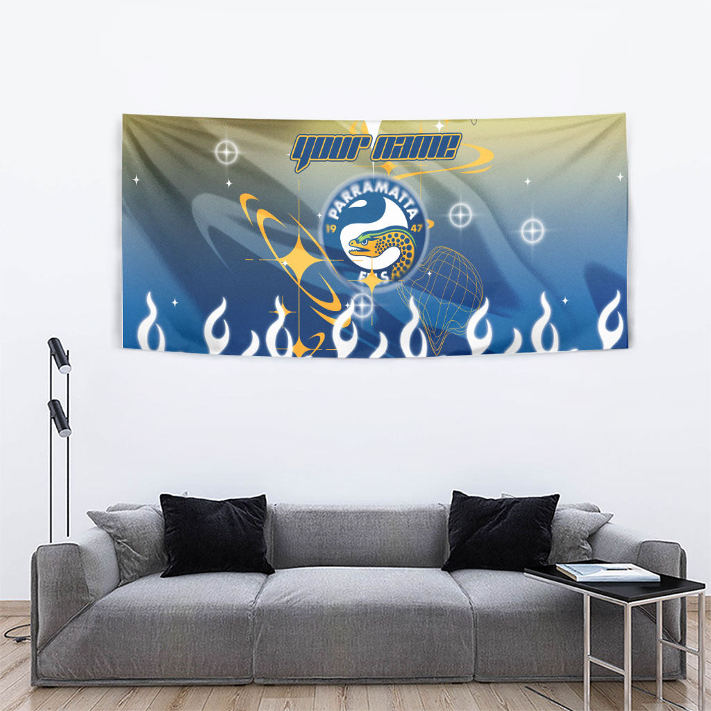 Personalized Parramatta Eels Tapestry Y2K Grunge Aesthetic With Cyber Flames and Starburst Graphics