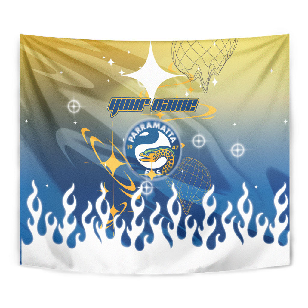 Personalized Parramatta Eels Tapestry Y2K Grunge Aesthetic With Cyber Flames and Starburst Graphics