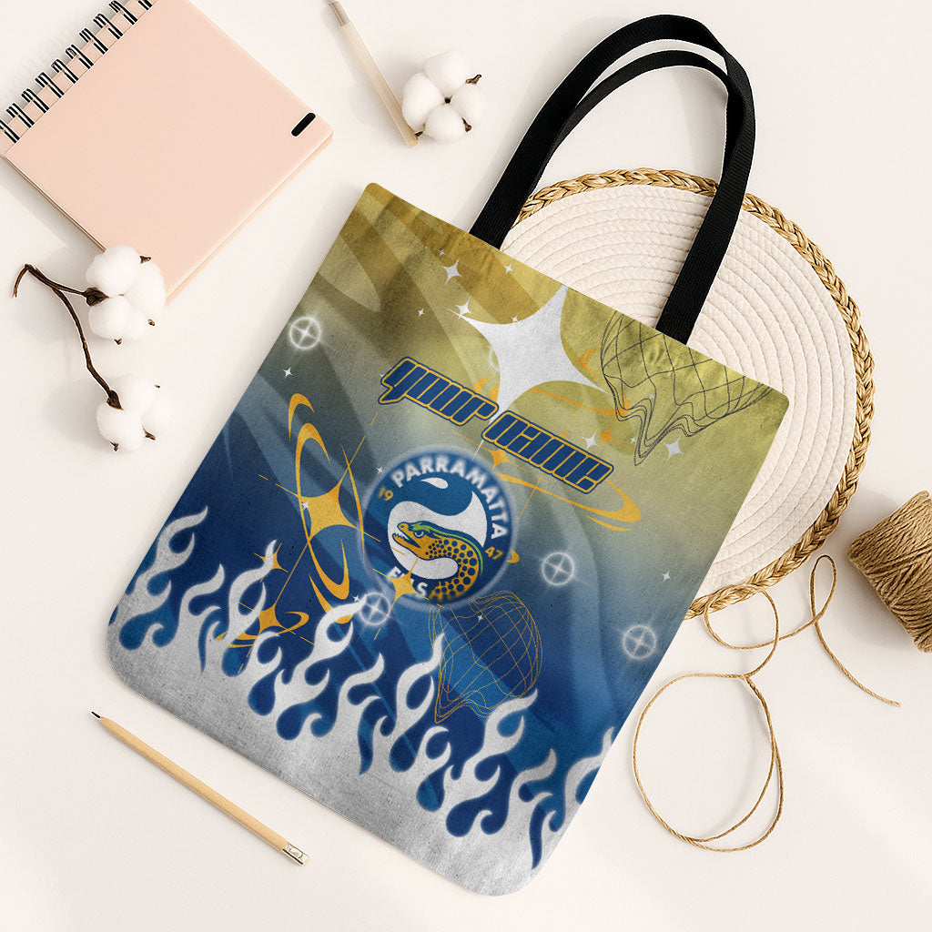 Personalized Parramatta Eels Tote Bag Y2K Grunge Aesthetic With Cyber Flames and Starburst Graphics