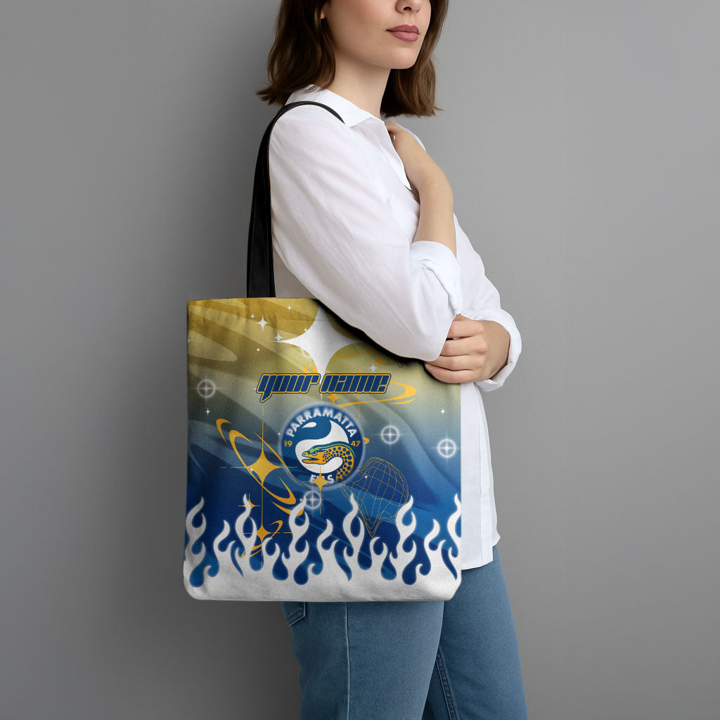 Personalized Parramatta Eels Tote Bag Y2K Grunge Aesthetic With Cyber Flames and Starburst Graphics