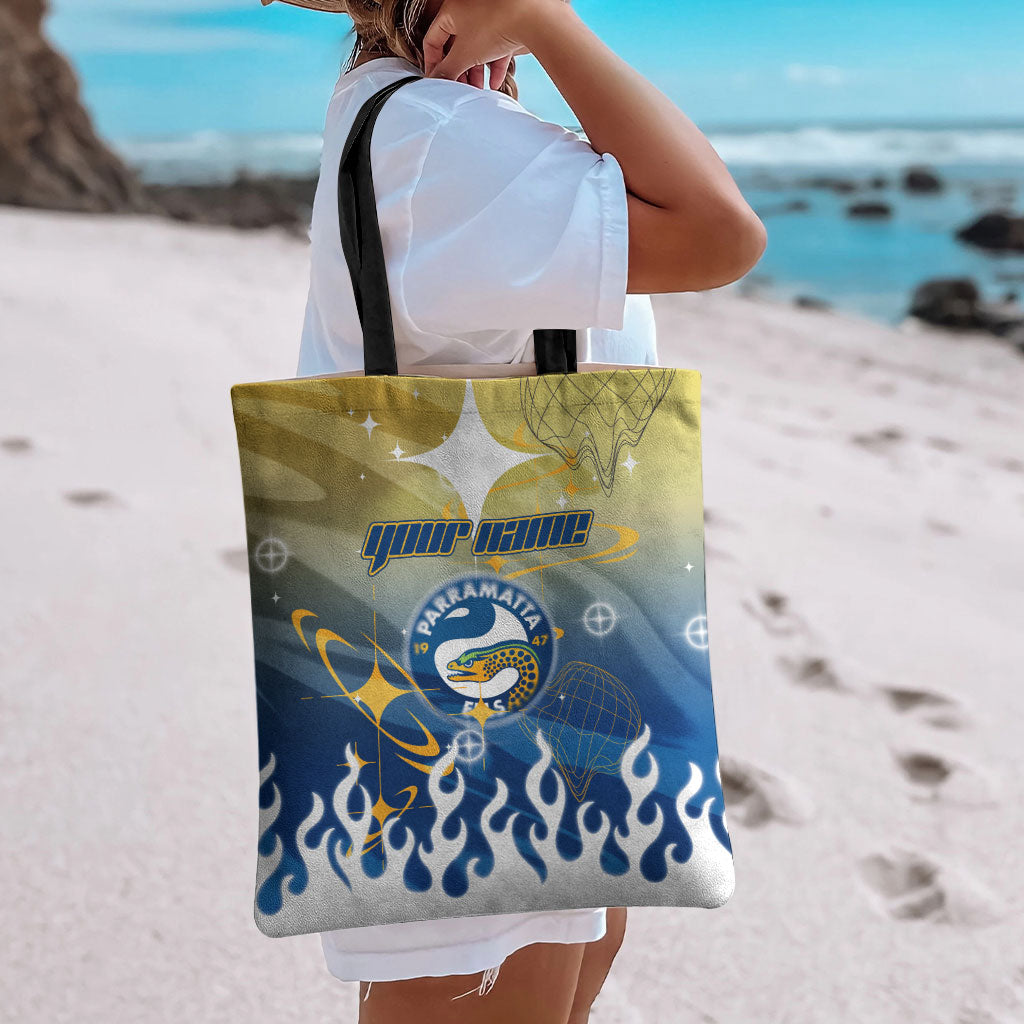 Personalized Parramatta Eels Tote Bag Y2K Grunge Aesthetic With Cyber Flames and Starburst Graphics