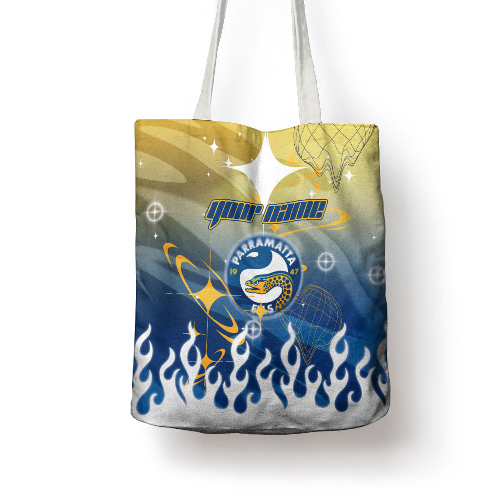 Personalized Parramatta Eels Tote Bag Y2K Grunge Aesthetic With Cyber Flames and Starburst Graphics