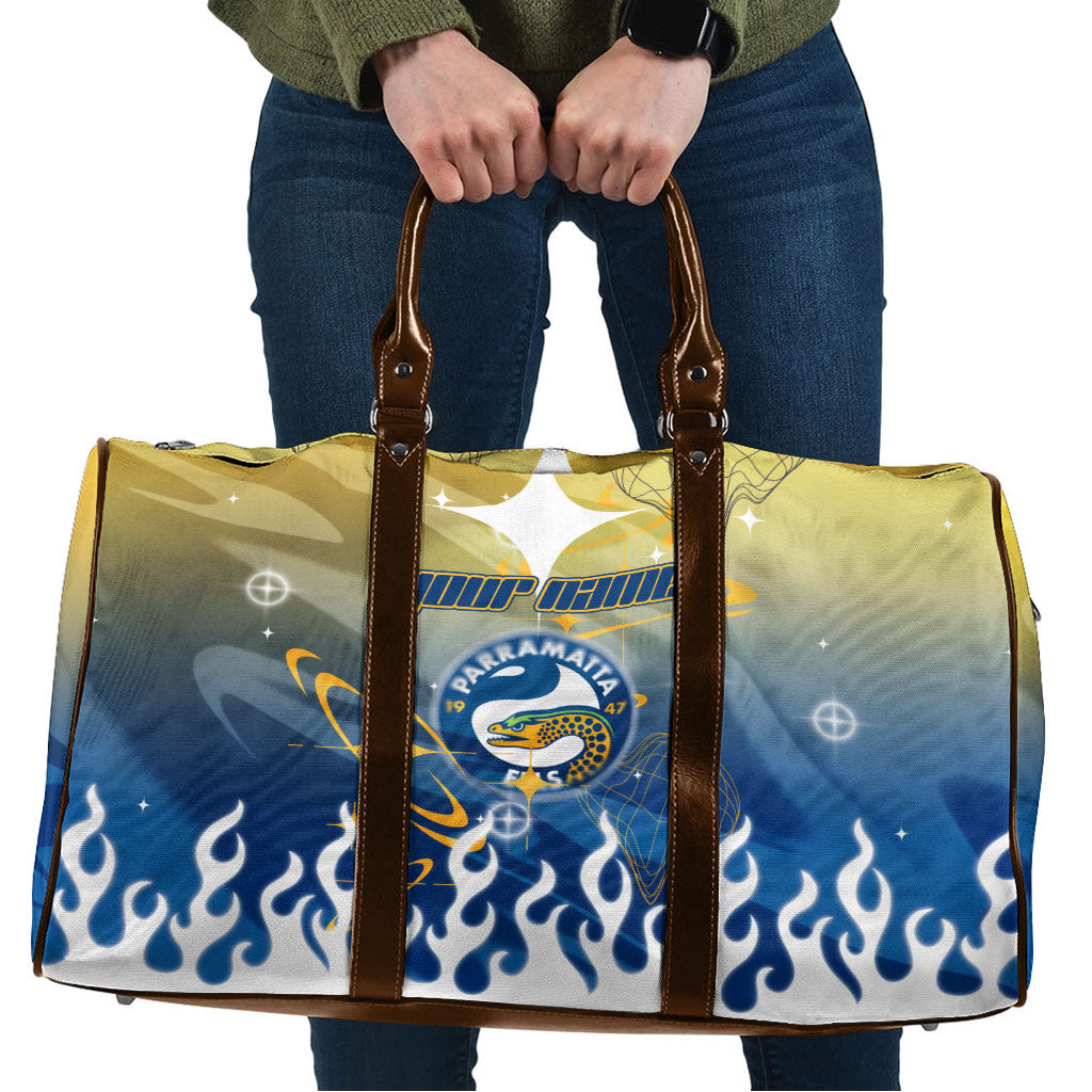 Personalized Parramatta Eels Travel Bag Y2K Grunge Aesthetic With Cyber Flames and Starburst Graphics