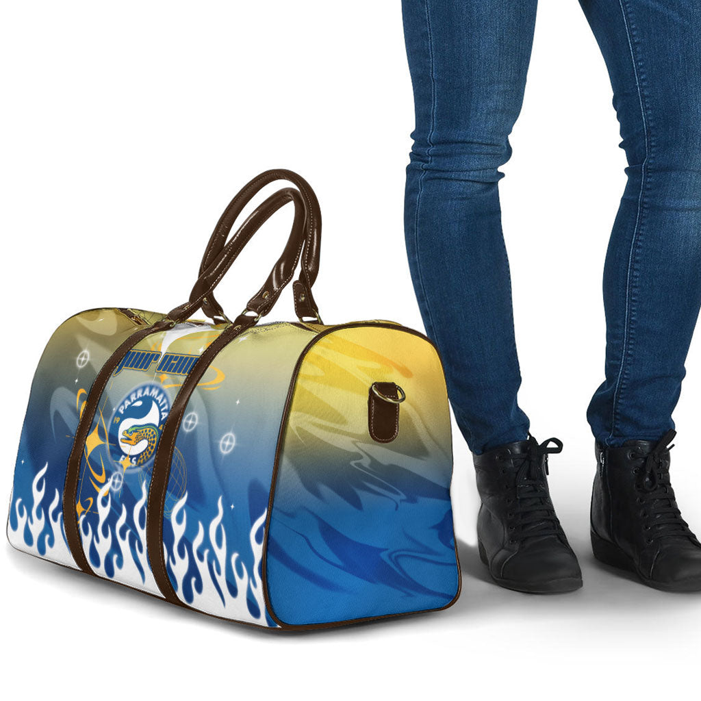 Personalized Parramatta Eels Travel Bag Y2K Grunge Aesthetic With Cyber Flames and Starburst Graphics