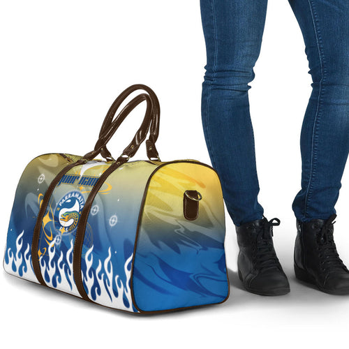 Personalized Parramatta Eels Travel Bag Y2K Grunge Aesthetic With Cyber Flames and Starburst Graphics