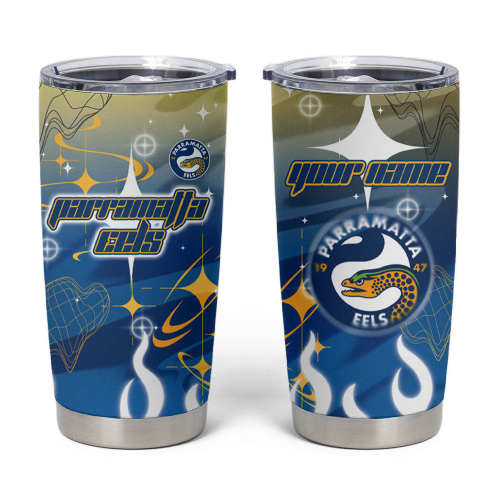 Personalized Parramatta Eels Tumbler Cup Y2K Grunge Aesthetic With Cyber Flames and Starburst Graphics