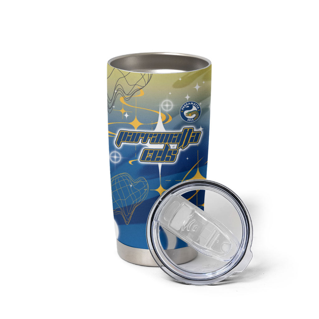 Personalized Parramatta Eels Tumbler Cup Y2K Grunge Aesthetic With Cyber Flames and Starburst Graphics