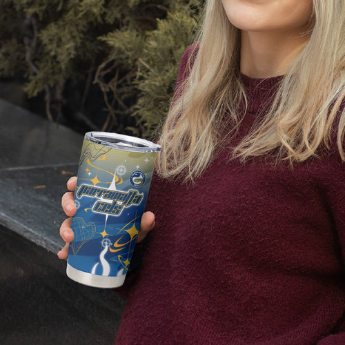 Personalized Parramatta Eels Tumbler Cup Y2K Grunge Aesthetic With Cyber Flames and Starburst Graphics
