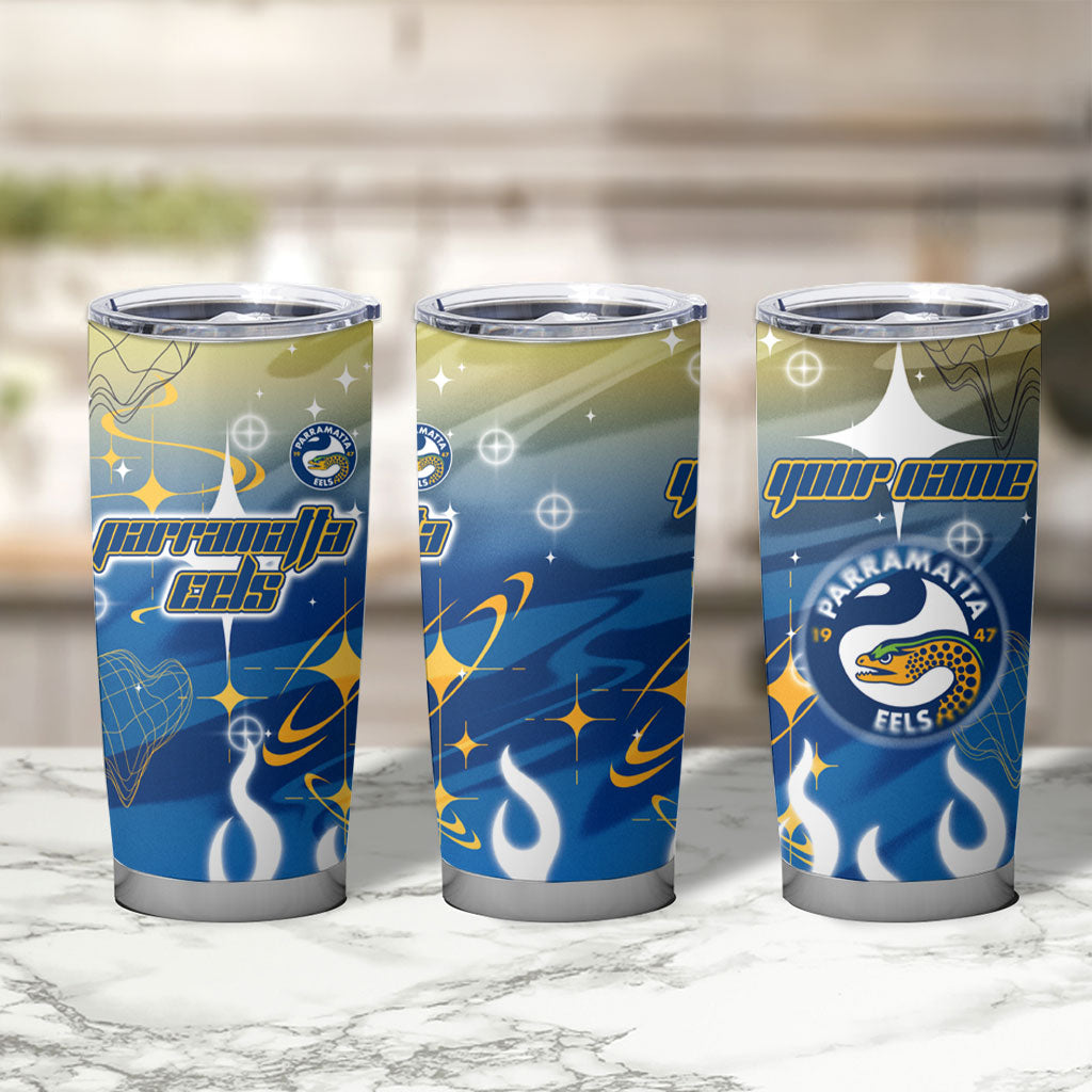 Personalized Parramatta Eels Tumbler Cup Y2K Grunge Aesthetic With Cyber Flames and Starburst Graphics