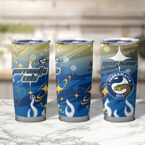 Personalized Parramatta Eels Tumbler Cup Y2K Grunge Aesthetic With Cyber Flames and Starburst Graphics
